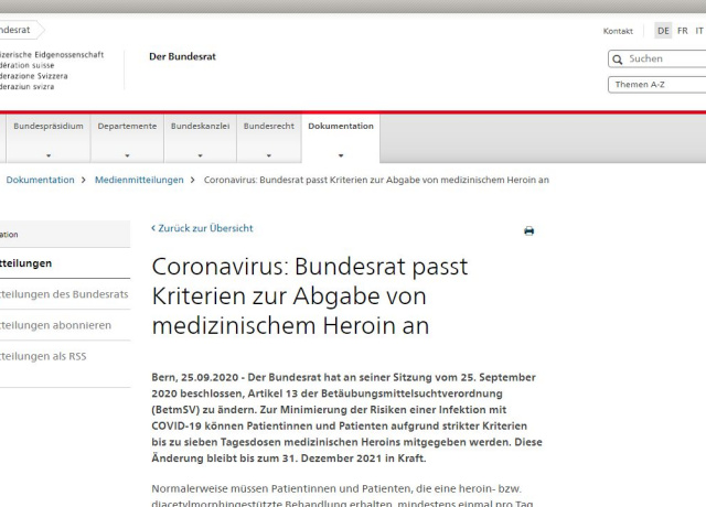 Coronavirus: Bundesrat passt Kriterien zur Abgabe von medizinischem Heroin an