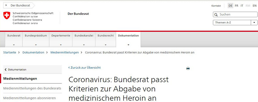 Coronavirus: Bundesrat passt Kriterien zur Abgabe von medizinischem Heroin an